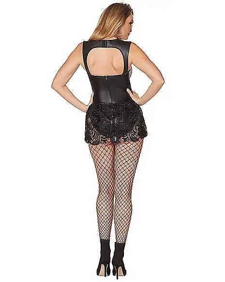 Spirit Halloween Adult Black Faux Leather And Lace Bodysuit 4 Spirit Halloween Adult Black Faux Leather And Lace Bodysuit - Image 2